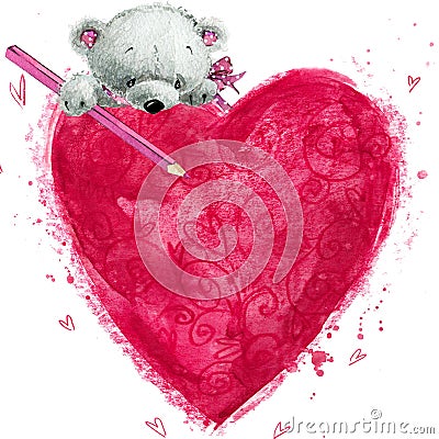 Teddy bear with the big red heart. Valentines greeting card. Cartoon Illustration