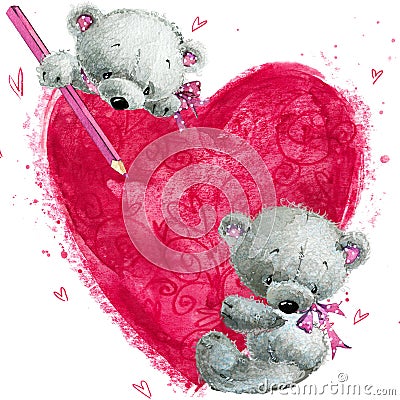 Teddy bear with the big red heart. Valentines greeting card. Cartoon Illustration