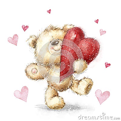 Teddy bear with big red heart.Valentines greeting card. Love design. Stock Photo