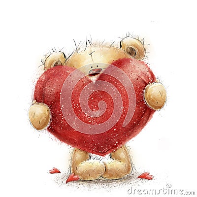 Teddy bear with the big red heart.Valentines greeting card. Love design.Love. Stock Photo