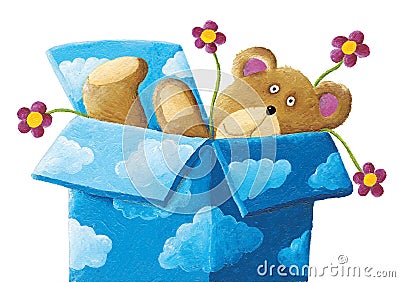 Teddy bear in a blue box with clouds and flowers Cartoon Illustration