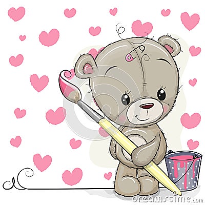 Teddy Bear with brush is drawing a hearts Vector Illustration