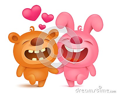 Teddy bear and bunny emoji cartoon characters runing together Cartoon Illustration