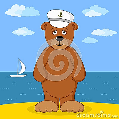 Teddy bear captain on sea coast Vector Illustration