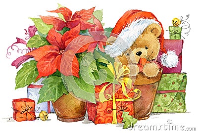 Teddy bear and Christmas gifts. New year and Christmas background Cartoon Illustration