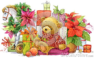 Teddy bear and Christmas gifts. New year and Christmas background Cartoon Illustration