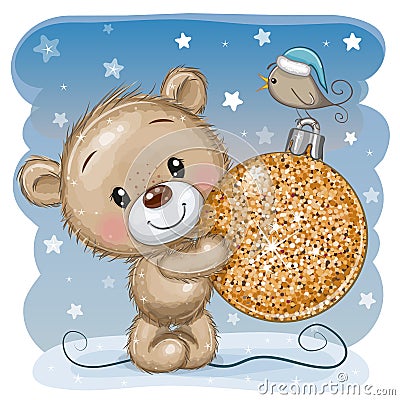 Teddy Bear with a Christmas toy on a blue background Vector Illustration