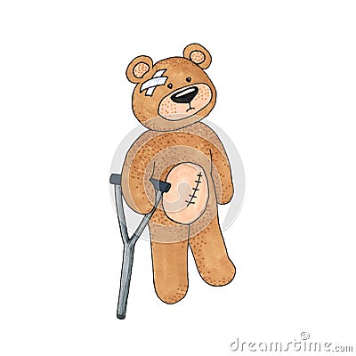 Teddy Bear with the crutch and the incision isolated on white, Teddy Bear toy is sick, Handicapped people concept Stock Photo