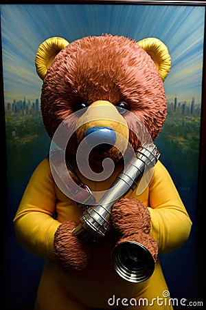 A Teddy Bear Dressed As A Person Holding A Flashlight. Generative AI Stock Photo