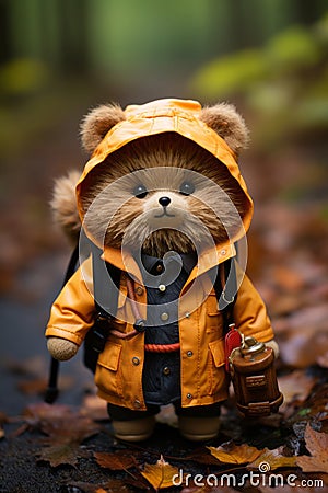 a teddy bear dressed in an orange raincoat Stock Photo