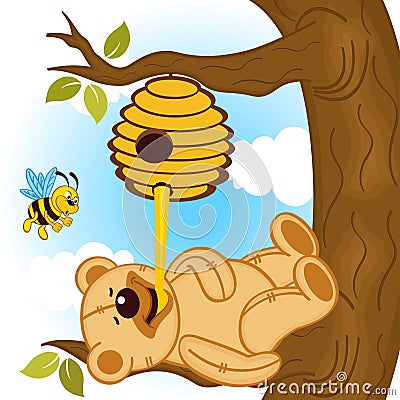 Teddy bear eats honey bee Vector Illustration