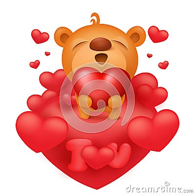 Teddy bear emoticon cartoon character with red hearts Cartoon Illustration