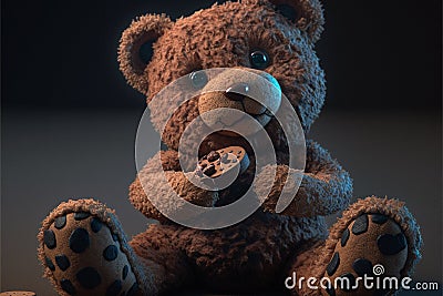 Teddy bear enjoying delicious chocolate cookie Stock Photo