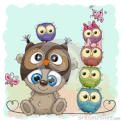 Teddy Bear and five Owls Vector Illustration