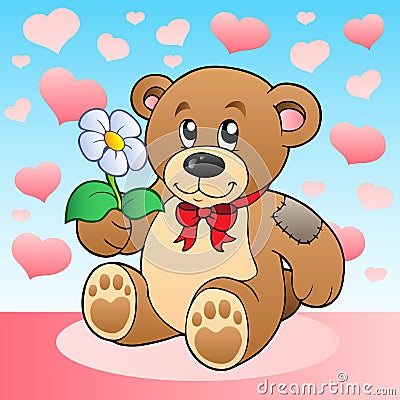 Teddy bear with flower and hearts Vector Illustration