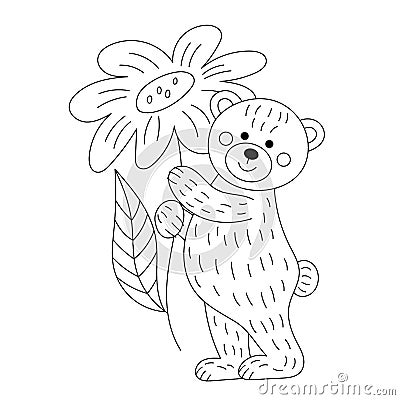 Teddy bear with flowers. Illustration for Valentine's day. Linear drawing for coloring Vector Illustration