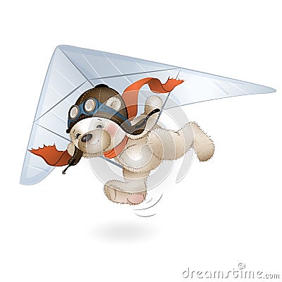 The Teddy bear is flying on a hang glider in the sky Vector Illustration
