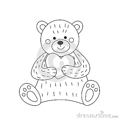 Teddy bear and heart. Illustration for Valentine's day. Linear drawing for coloring Vector Illustration