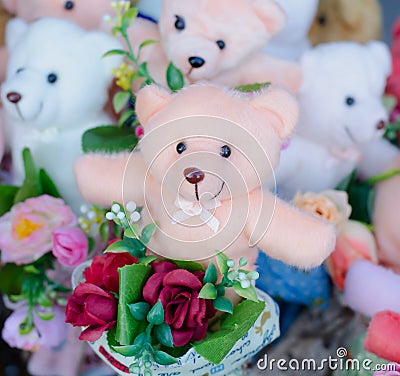 Teddy bear hold bouquet of flowers Stock Photo