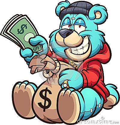 Teddy bear holding a big bag of money and some bills. Vector Illustration