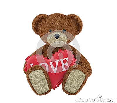 Teddy bear holding a heart-shaped pillow. 3d render Stock Photo