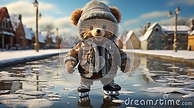 teddy bear ice skating on a frozen pond, wearing a Santa hat 3D tile art Stock Photo