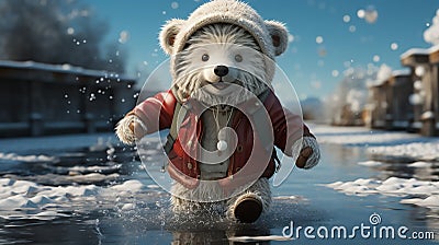 teddy bear ice skating on a frozen pond, wearing a Santa hat 3D tile art Stock Photo