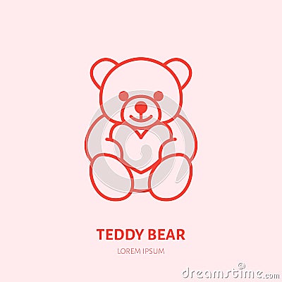 Teddy bear illustration. Plush flat line icon, toy store logo. Valentines day present sign Vector Illustration