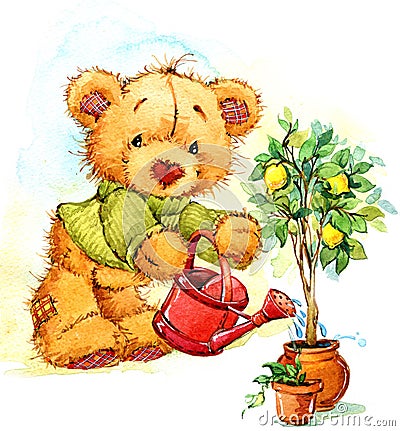 Teddy bear and a lemon tree. watercolor Stock Photo