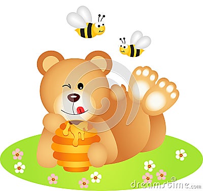 Teddy bear lying holding honey Vector Illustration