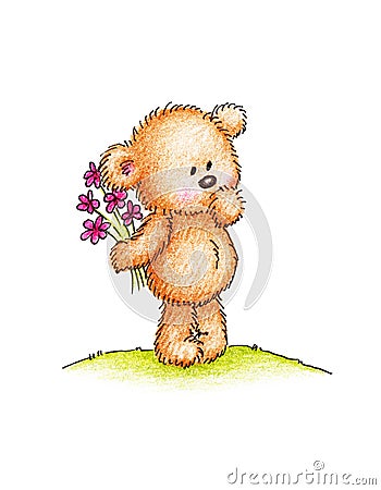 Teddy bear with pink flowers Stock Photo