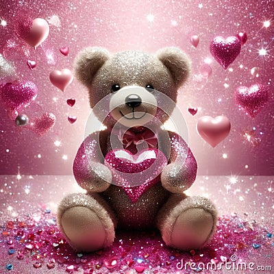 Teddy bear with pink heart, sparkling glitter effect Stock Photo