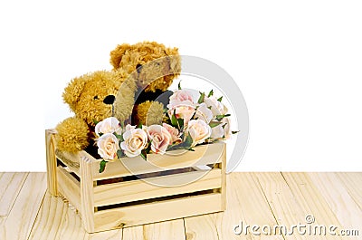 Teddy Bear and Pink Roses in Pine Wood Box on White Backgrou Stock Photo