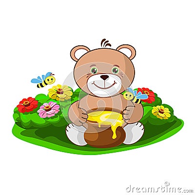 Teddy bear with a pot of honey and a beehive with merry bees Vector Illustration