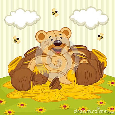 Teddy bear among pot of honey on meadow Vector Illustration