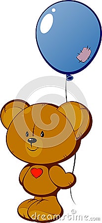 Teddy bear with red heart and balloon Vector Illustration