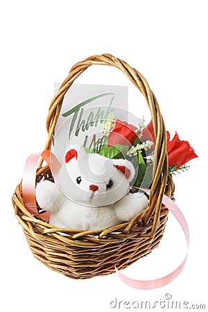 Teddy Bear and Red Roses in Basket Stock Photo