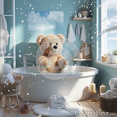 AI generative Teddy bear relaxing in bathtub in modern bathroom with snow effect Stock Photo