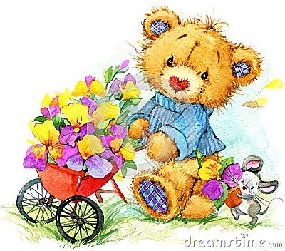 Teddy bear sells seeds of garden flowers. watercolor Stock Photo