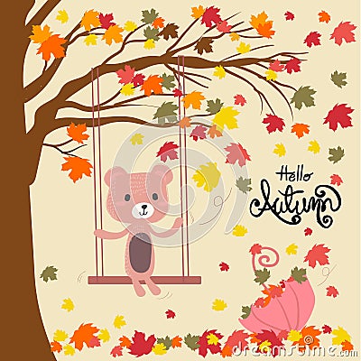 A teddy bear siting on a swing under falling leave tree Vector Illustration