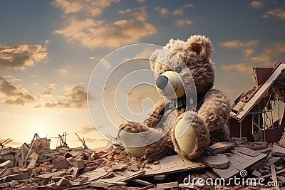Teddy Bear Sits Atop House Ruins After Earthquakes Destruction Stock Photo