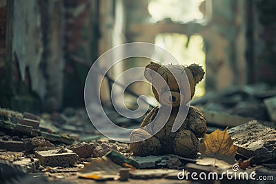 Abandoned Building: Teddy Bear on the Ground Stock Photo