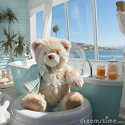 AI generative Teddy bear sitting in bathtub with sea view on background. Stock Photo