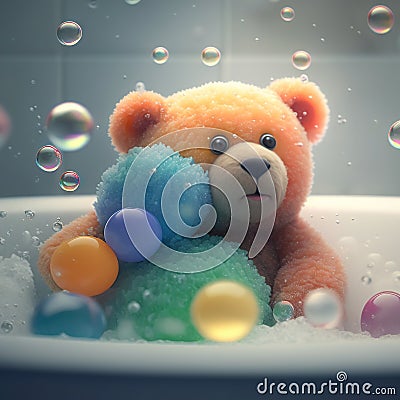 a teddy bear sitting in a bathtub with soap bubbles around it and bubbles coming out of the tub and Stock Photo