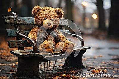 Teddy bear sitting on a park bench, forgotten lonely child toy with wet fur, rainy day Stock Photo