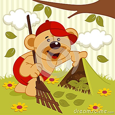 Teddy bear sweeps lawn Vector Illustration