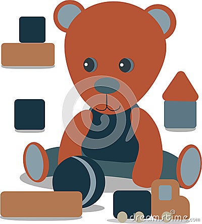 Teddy bear with toy, ball, Baby announcement metric card grey and blue color. nursery decor Vector Illustration