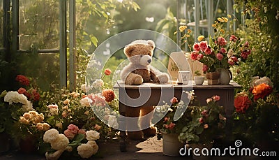 a teddy bear toy, contentedly perched on a park table Stock Photo