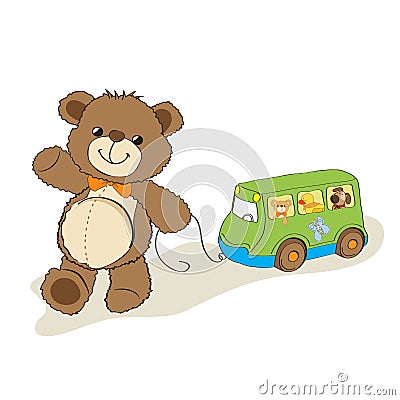 Teddy bear toy pulling a bus Vector Illustration