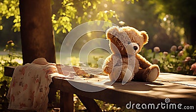 a teddy bear toy, seated on a rustic park table Stock Photo